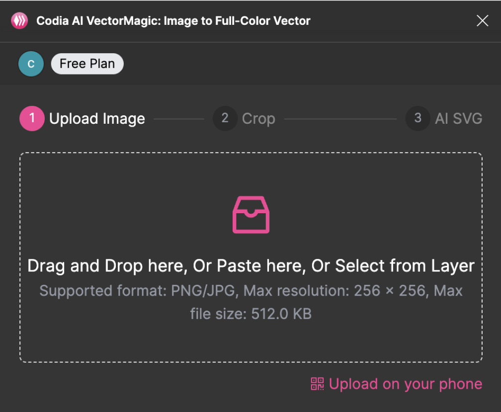 Arraste e solte uma imagem JPG ou PNG no plugin para transformá-la em SVG