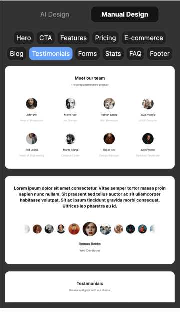 Codia's AI UI Design Generator provides a testimonials module for personalized design systems