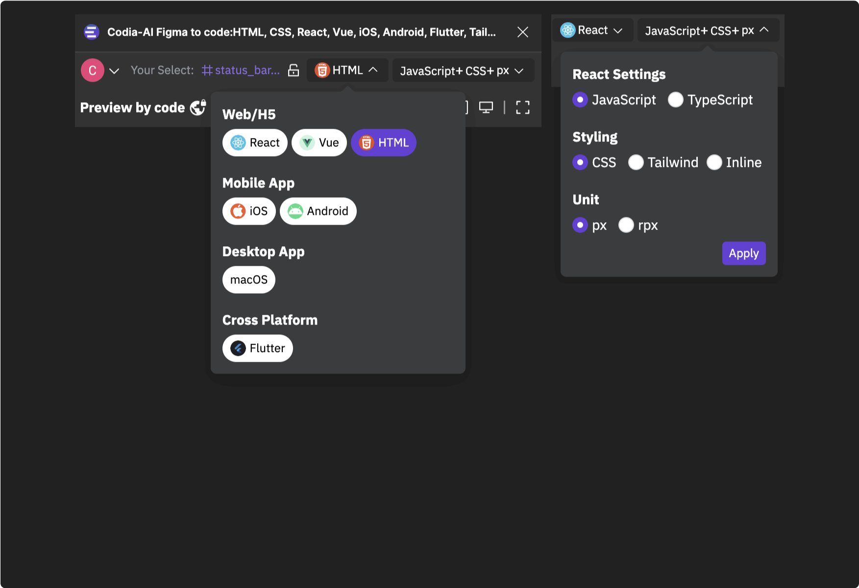 Choose your platform and framework for design-to-code conversion