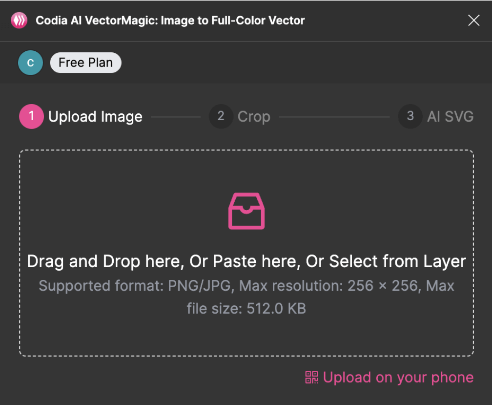 Drag and drop a JPG or PNG image into the plugin to transform it into SVG