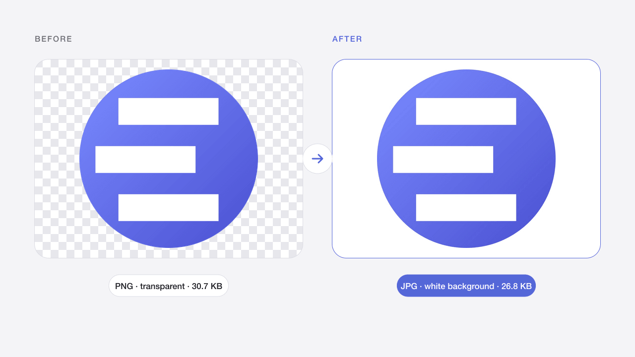 Before and after: a transparent PNG logo converted to a JPG on white