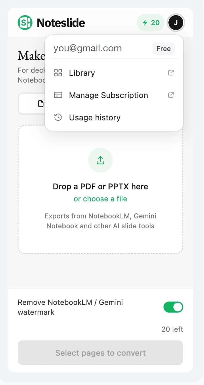 The Import file tab and the account menu in the sidebar