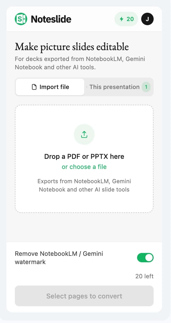 The Import file tab and the account menu in the sidebar