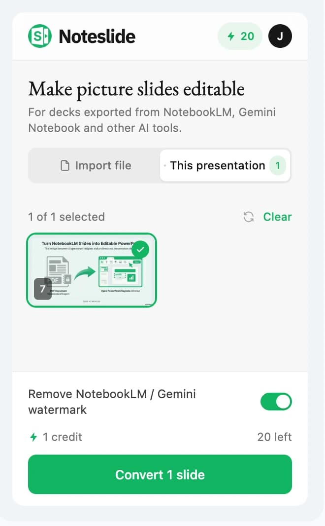 The NoteSlide sidebar listing a picture-only slide, selected for conversion